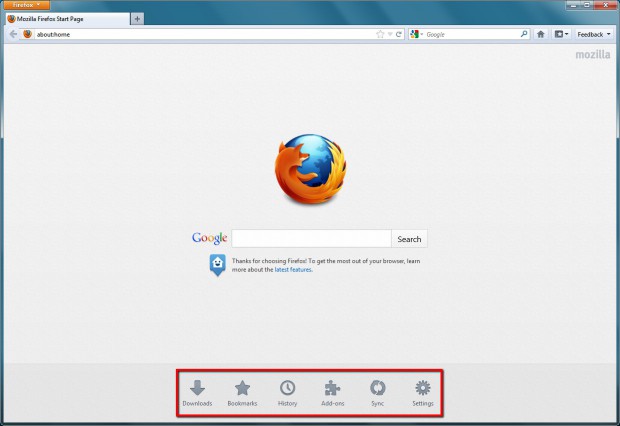 Neue Homepage in Firefox 13 mit direkten Links zu Einstellung, verlauf und Bookmarks.